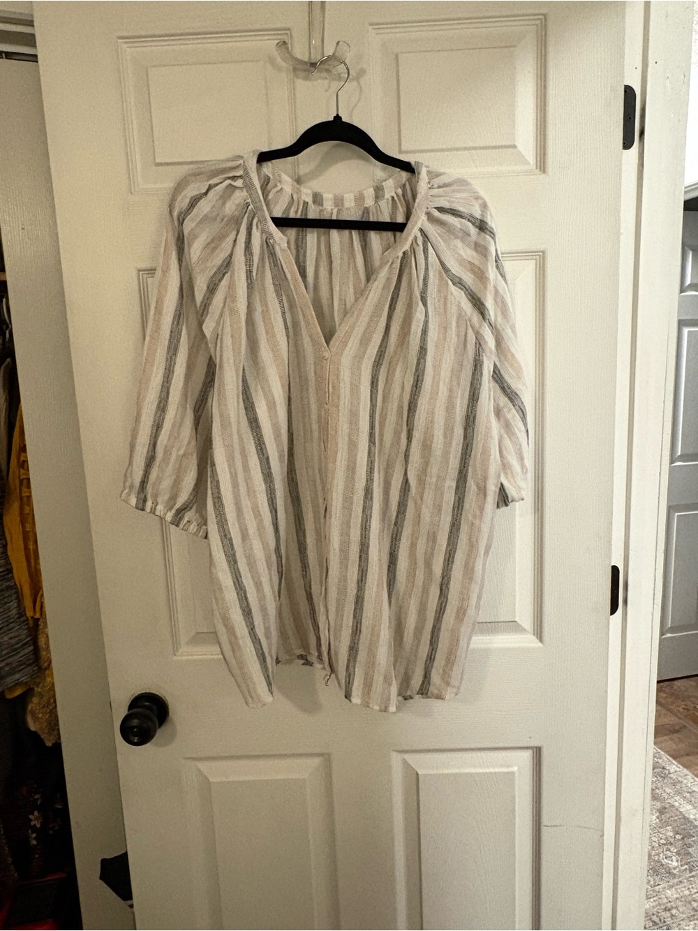 Striped V-Neck Women's Tunic Top - Cream & Gray